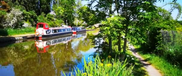Vast Panorama Anamorhic Bilder Människor Smala Båtar Stratford Kanal Wootten — Stockvideo