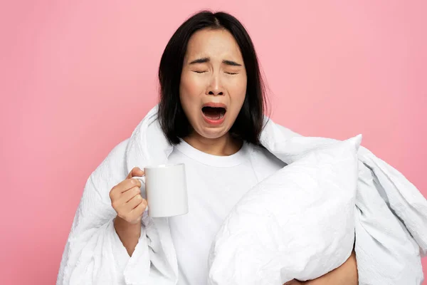 Yawning Asian Girl Holding Cup Morning Coffee Trying Wake Isolated — Stock Photo, Image
