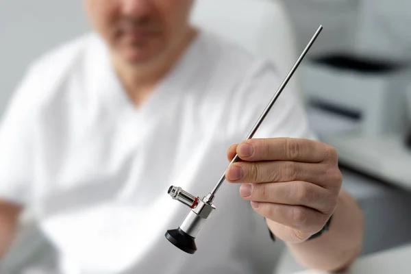 Close View Doctor Holding Medical Endoscope Selective Focus Health Care — Stock Photo, Image