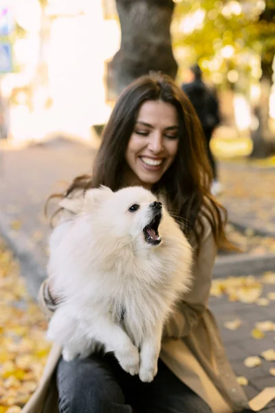 Sorrindo Jovem Mulher Segura Cão Branco Cão Ladra Rua Contra — Fotografia de Stock