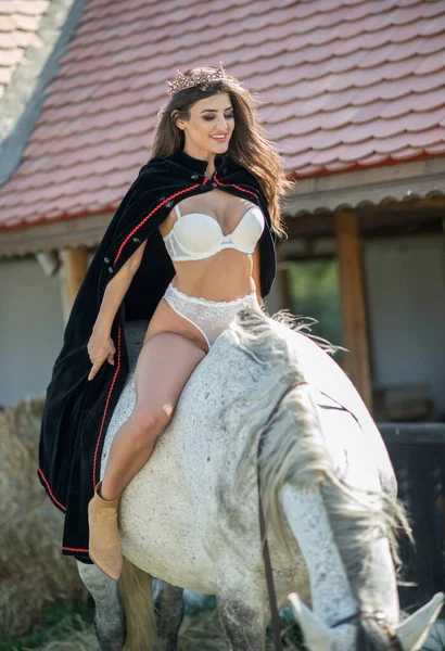 Sensual Brunette Princess Sexy White Bikinis Riding Horse Portrait Girl — Stock Photo, Image