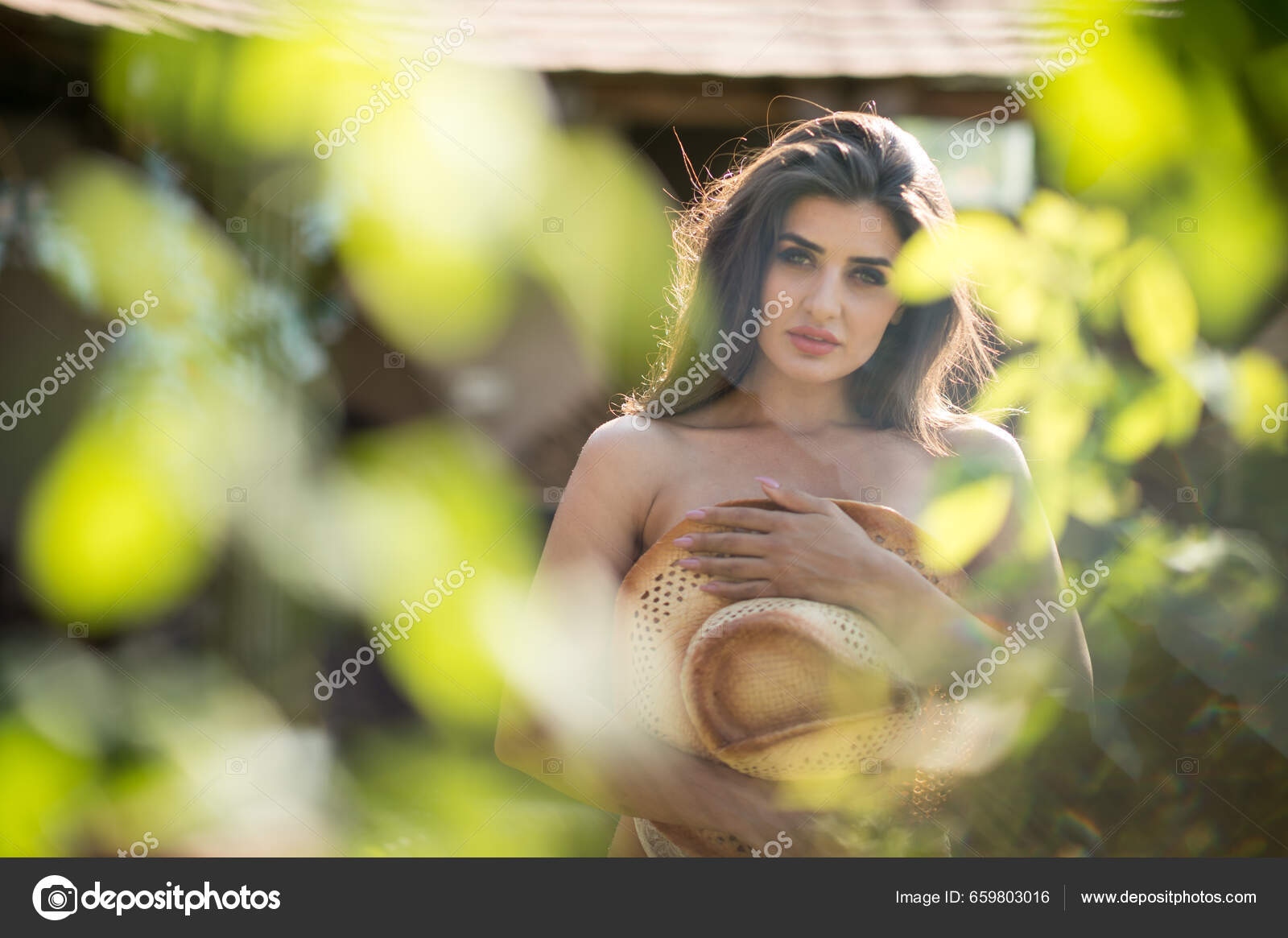 Sensual Brunette Woman Sexy Country Look Posing Camera Portrait