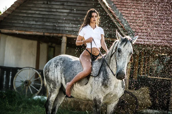 長い髪 黒いビキニと白いシャツを着た美しいブルネットの女性は 水滴の下の白い馬に乗っています 官能的で魅力的な女の子が交流し 牧場で馬と楽しんでいます — ストック写真