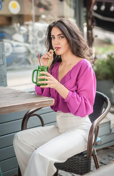 Happy Brunette Girl Pink Blouse Sitting Bar Drinking Glass Lemonade — Stock Photo, Image