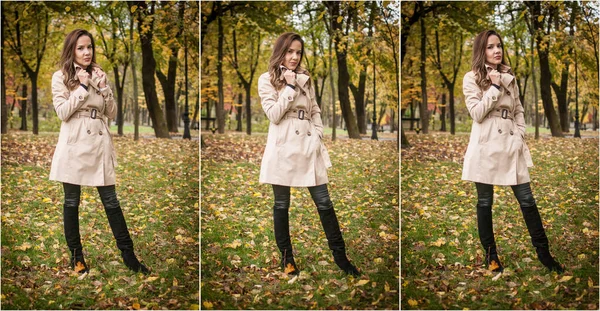 Young Girl Coat Forest Fashion Woman Coat Park Slim Young — Stock Photo, Image