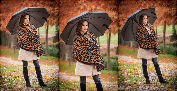 young girl in coat in forest. Fashion woman in coat in park. Slim young fashion model wearing white coat outdoor. Beautiful woman in leopard coat with umbrella in the autumn park