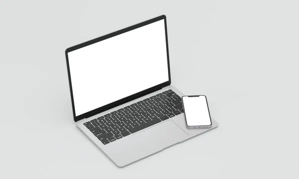 3Dレンダリングノートパソコンと電話モックアップ 左アイソメトリックビュー — ストック写真