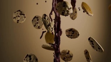 Çikolatalı kurabiyelerin üzerine dökülen sıvı 3D animasyon