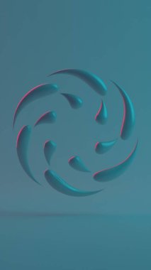 Pürüzsüz 3D görüntüleme, neon kenarlı, soyut bir spiral ile serin mavi bir arkaplan üzerine damlalar