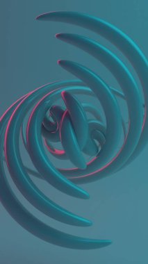 Sleek 3D Rendering drops with neon edges in an abstract spiral against a serene blue backdrop clipart