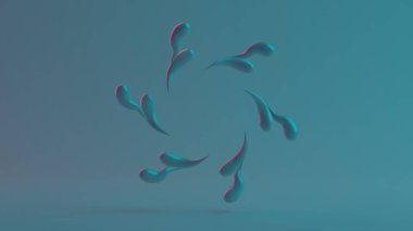 Pürüzsüz 3D görüntüleme, neon kenarlı, soyut bir spiral ile serin mavi bir arkaplan üzerine damlalar