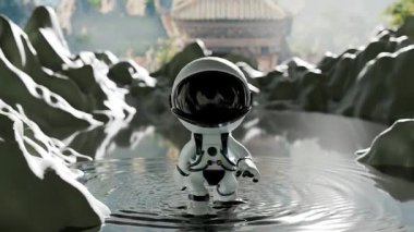 Ay yüzeyinde Mutlu Astronot Dansı Döngü Animasyonu. Tatmin Edici Video.