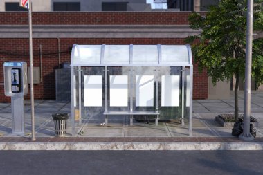 Otobüs Durağı Reklam Modeli. Şehir ortamında vitrin posterleri, markalaşma veya tanıtım kampanyaları. 3d oluşturma