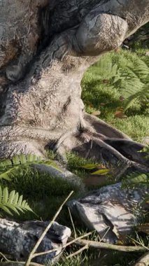 Ölü Ağaç Gövdesinden Büyüyen Çimenlerin 3 boyutlu Animasyonu. Doğa Yeniden Doğuş Konsepti