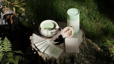 Fincanlı, kutulu ve dökülmüş çay ürünlerinin 3 boyutlu animasyonu.