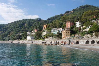 Beach Punta Pedale, promenada Raffaele Rossetti. Seascape near Santa Margherita Ligure, Italy. clipart