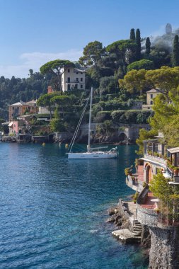 Portofino manzarası, tepeden tırnağa su manzarası, renkli evler ve villalar, dağların yamaçları. İtalya 'nın Portofino kenti, Liguria.