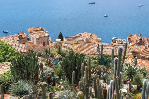 Franch riviera. Ortaçağ köyü Eze. Eze köyünün dağından denize kadar Panorama. Kaktüs Egzotik Bahçesi.