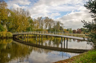 Rotterdam, Hollanda, 5 Kasım 2022: Sonbaharda Zuiderpark 'taki bir gölette yaya ve bisikletçiler için uzun köprü