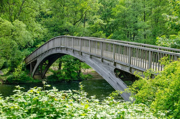 Heimbach Germany May 2023 Wooden Arch Bridge Pedestrians River Rur — Stock Photo, Image