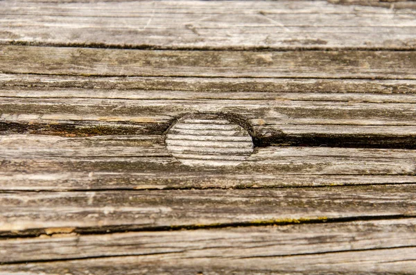 Verwitterte Holztischplatte Mit Einer Holzschraube Die Der Unterkonstruktion Befestigt Ist — Stockfoto