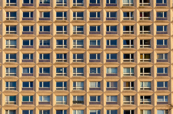 Berlin, Germany, March 8, 2024: facade from the GDR era, made of concrete elements, on Alexanderplatz