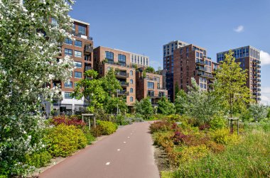 Rotterdam, Hollanda, 19 Haziran 2024: bisiklet yolu Tuschinski Parkı 'ndan geçiyor.