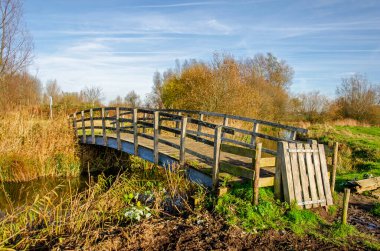 Puttershoek, Hollanda, 1 Aralık 2024: Köy çevresindeki kırsal kesimde bir hendek yolunun parçası olarak ahşap köprü