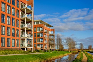 Pijnacker, Hollanda, 12 Ocak 2025: yeşil doğal alanın kenarındaki apartmanlar