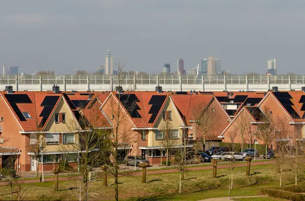 Barendrecht, Hollanda, 6 Mart 2025: Geleneksel evlerin bulunduğu mahalle, arka planda Rotterdam 'ın ufuk çizgisi ve gürültü bariyeri