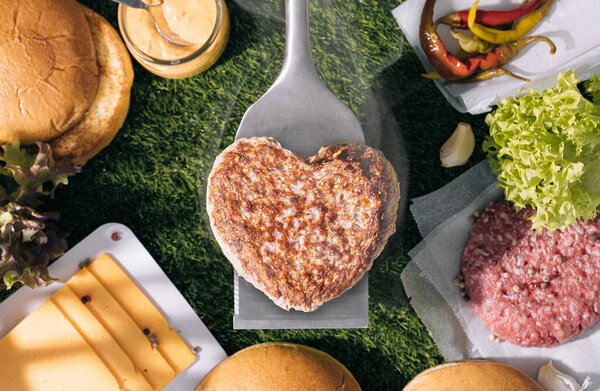 Heart Shaped Beef Burger Patty Grilled Spatula Dark Background Place Royalty Free Stock Photos