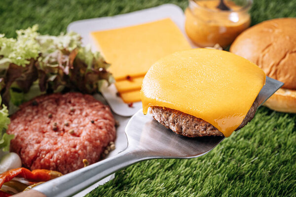 Barbecue Burger Cutlet Barbeque Concept Nature Barbecue Spatula Burger Patty Stock Picture