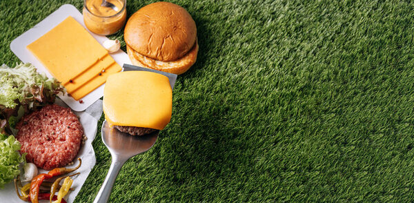 Barbecue Burger Cutlet Barbeque Concept Nature Barbecue Spatula Burger Patty Stock Photo