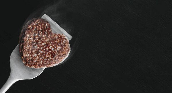 Heart Shaped Beef Burger Patty Grilled Spatula Dark Background Place Stock Image