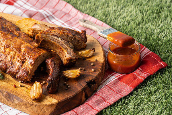 Juicy Hot Grilled Ribs Summer Barbecue Nature Royalty Free Stock Images