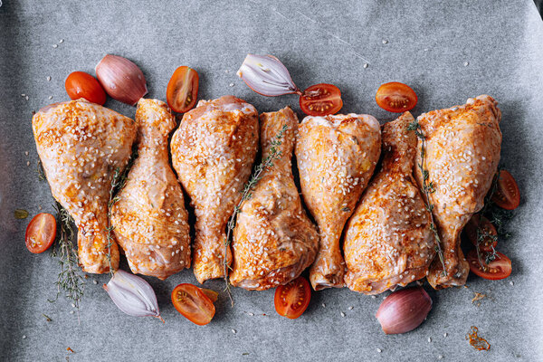 Chicken Drumsticks Spices Paprika Sesame Seeds Ready Bake Baking Sheet Stock Image