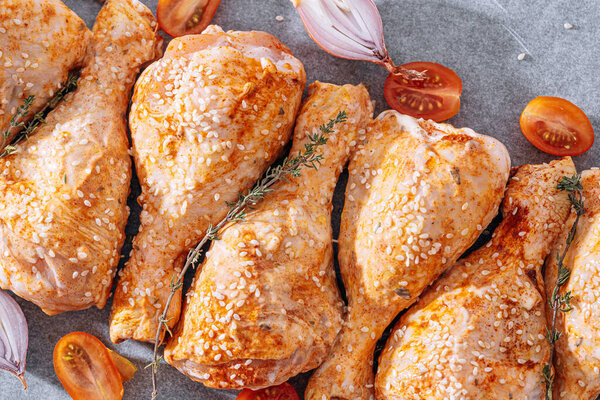 Chicken Drumsticks Spices Paprika Sesame Seeds Ready Bake Baking Sheet Stock Picture