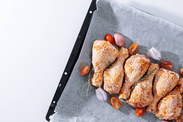 Chicken Drumsticks Spices Paprika Sesame Seeds Ready Bake Baking Sheet Royalty Free Stock Images