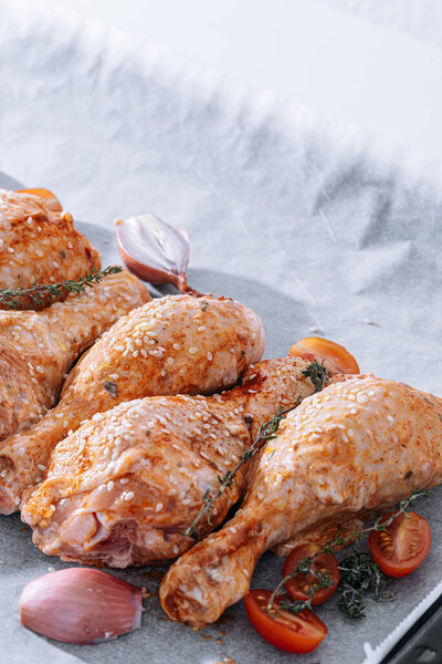 Chicken Drumsticks Spices Paprika Sesame Seeds Ready Bake Baking Sheet Stock Picture