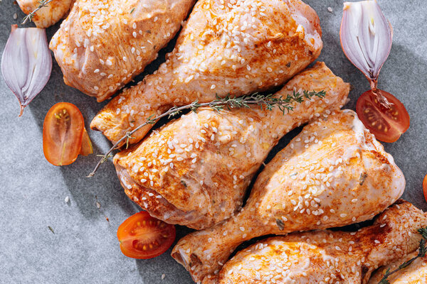 Chicken Drumsticks Spices Paprika Sesame Seeds Ready Bake Baking Sheet Stock Photo