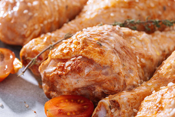 Chicken Drumsticks Spices Paprika Sesame Seeds Ready Bake Baking Sheet Royalty Free Stock Images