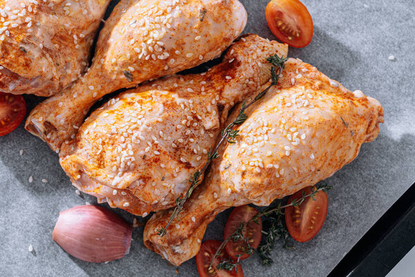 Chicken Drumsticks Spices Paprika Sesame Seeds Ready Bake Baking Sheet Stock Photo