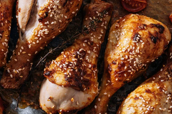 Baked Chicken Drumsticks Sesame Honey Soy Sauce Onion Spices Stock Image