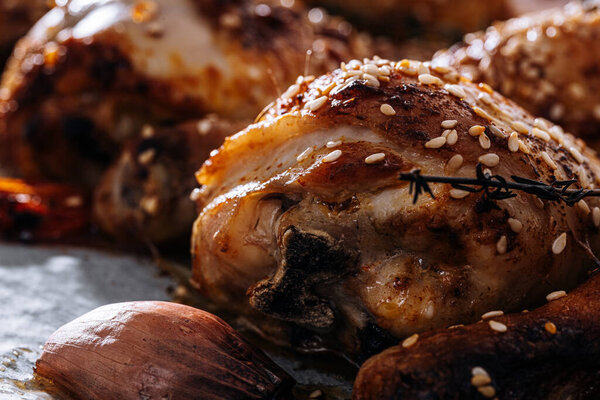 Baked Chicken Drumsticks Sesame Honey Soy Sauce Onion Spices Stock Image