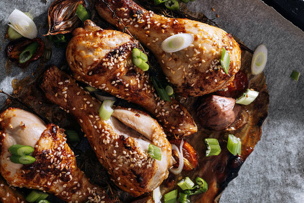 Baked Chicken Drumsticks Sesame Honey Soy Sauce Onion Spices Royalty Free Stock Images