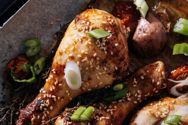 Baked Chicken Drumsticks Sesame Honey Soy Sauce Onion Spices Stock Photo