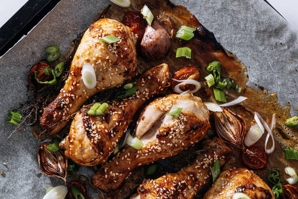 Baked Chicken Drumsticks Sesame Honey Soy Sauce Onion Spices Stock Picture