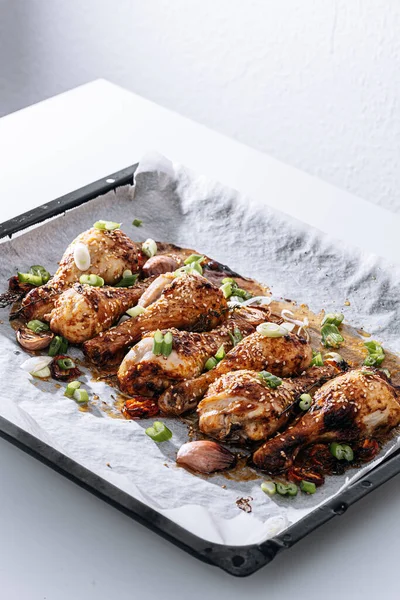 Baked Chicken Drumsticks Sesame Honey Soy Sauce Onion Spices Royalty Free Stock Photos