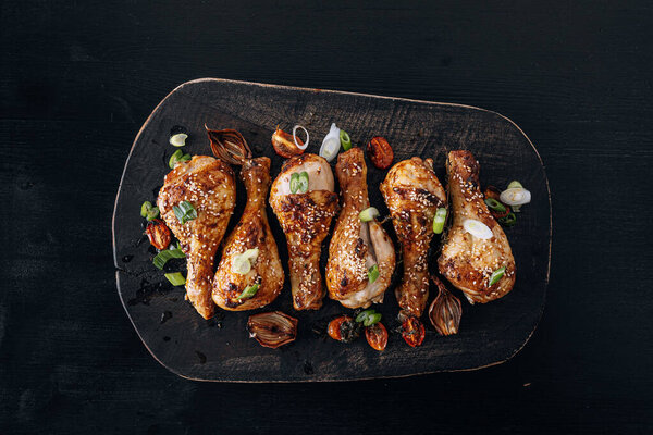 Baked Chicken Drumsticks Sesame Honey Soy Sauce Onion Spices Royalty Free Stock Images