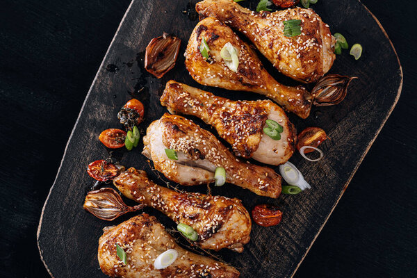 Baked Chicken Drumsticks Sesame Honey Soy Sauce Onion Spices Stock Picture